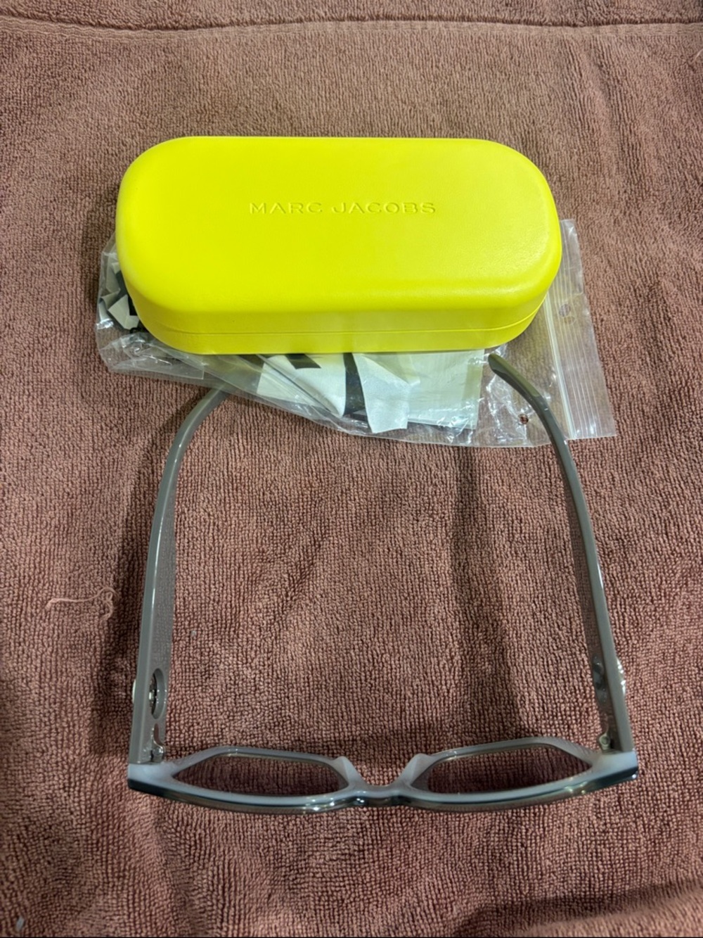 Marc Jacobs Bright Yellow Hard Sunglasses Case with Gray Glasses